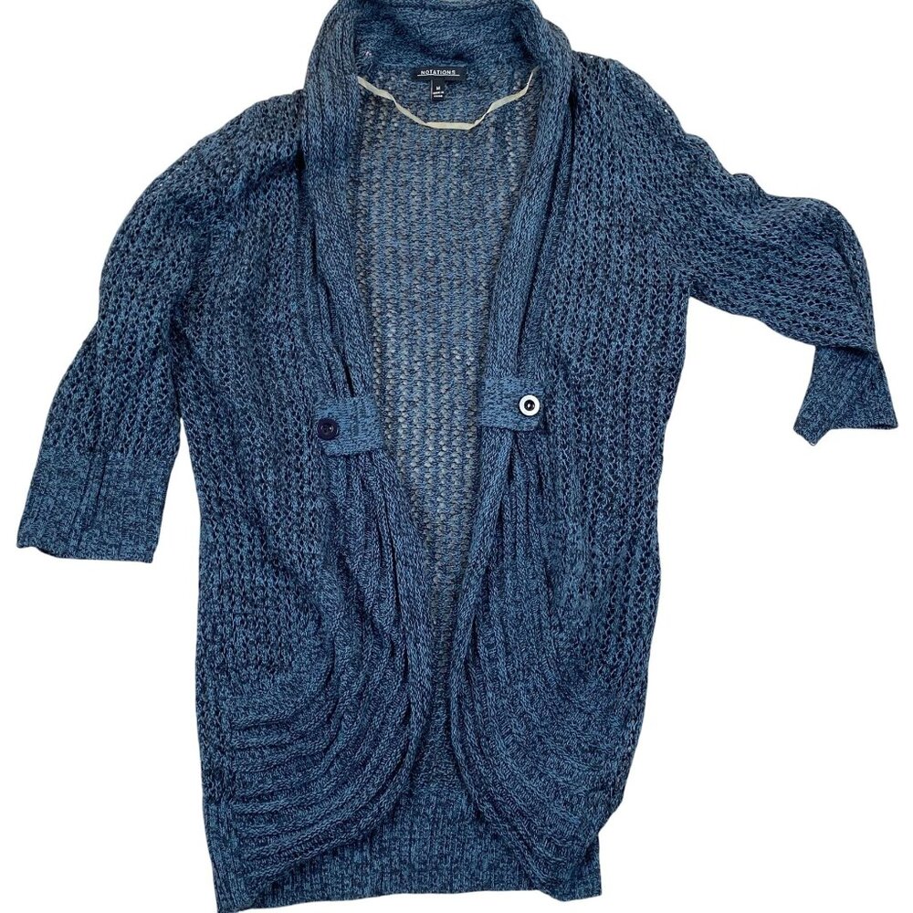Notations Womens Cardigan Sweater Medium Open Knit Lightweight Blue Open Front